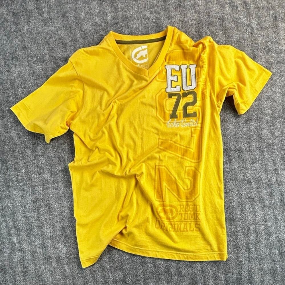 Ecko Unltd EU72 Graphic T-Shirt Men’s Small Yellow Y2K Hip Hop V-Neck